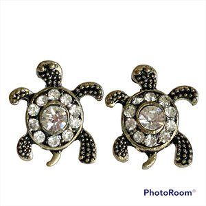 Crystal Sea Turtle Post Earrings Gold Tone Plated Nautical Island Beach Dainty